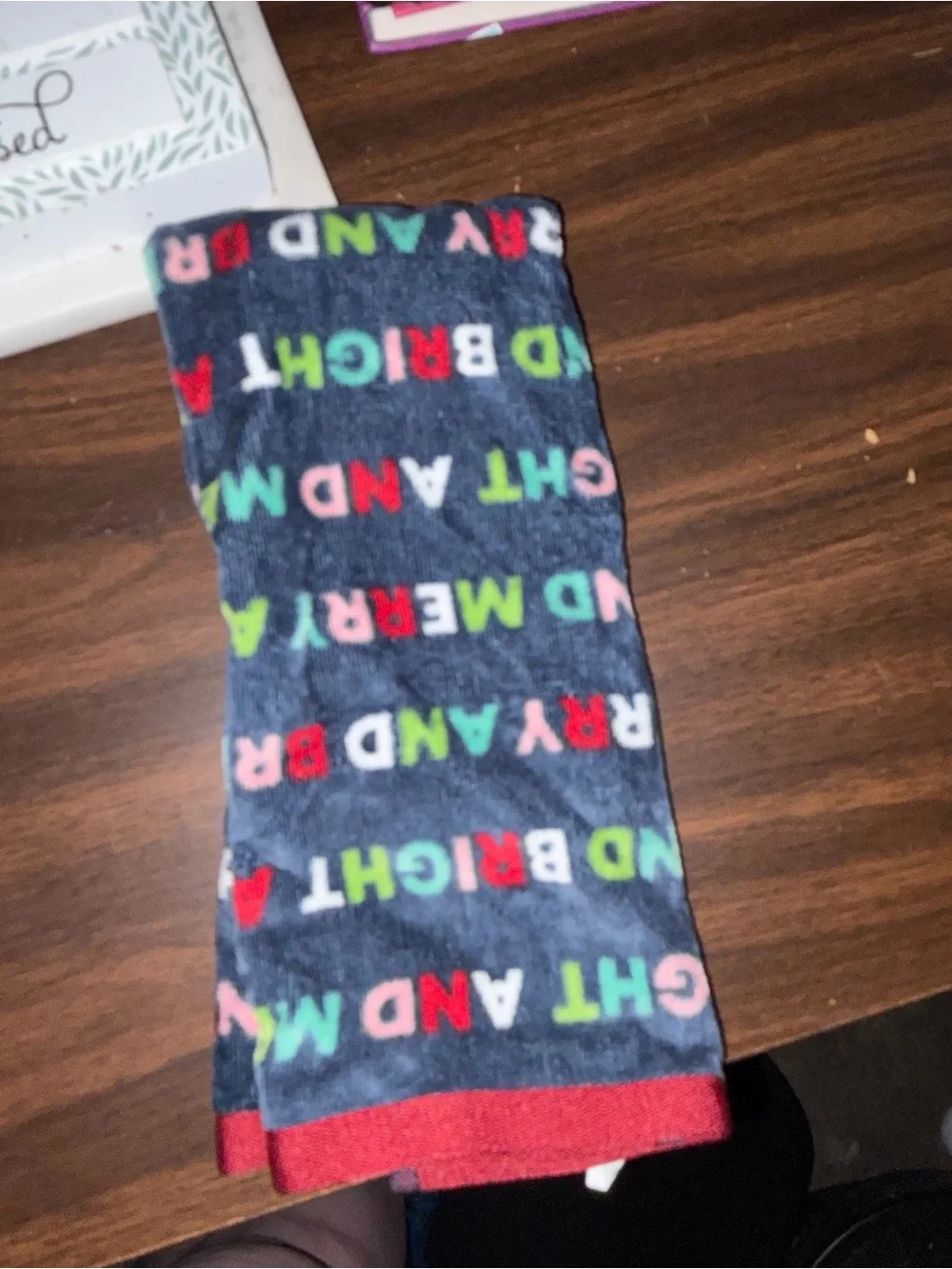 Navy Holiday Phrase Kitchen Hand Towel - Multicolor Lettering